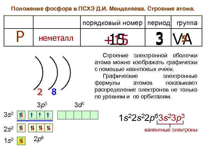 Положение фосфора в ПСХЭ Д. И. Менделеева. Строение атома. порядковый номер период группа Р
