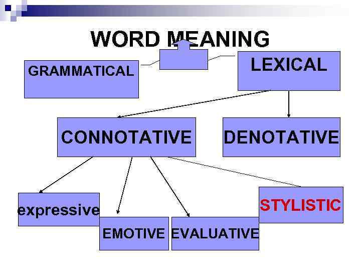 WORD MEANING GRAMMATICAL CONNOTATIVE LEXICAL DENOTATIVE STYLISTIC expressive EMOTIVE EVALUATIVE 