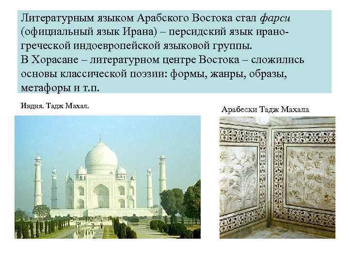 Литературным языком Арабского Востока стал фарси (официальный язык Ирана) – персидский язык ираногреческой индоевропейской