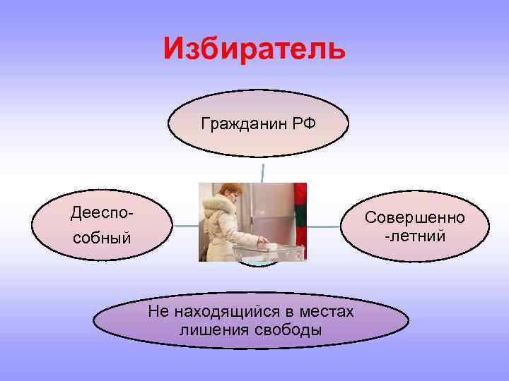 Избиратель Гражданин РФ Дееспособный Совершенно -летний Не находящийся в местах лишения свободы 