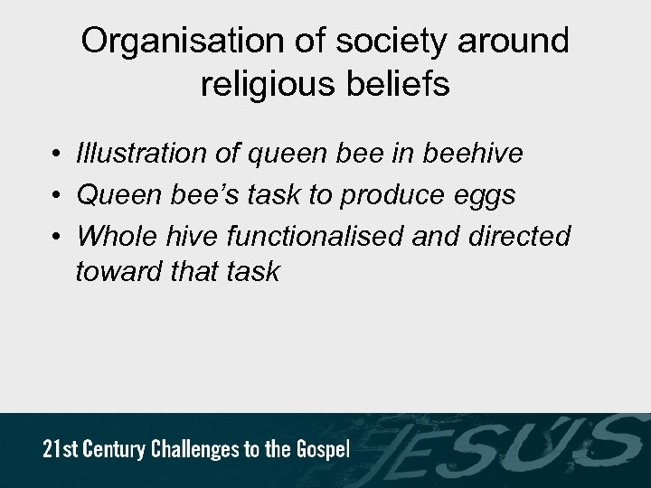 Organisation of society around religious beliefs • Illustration of queen bee in beehive •