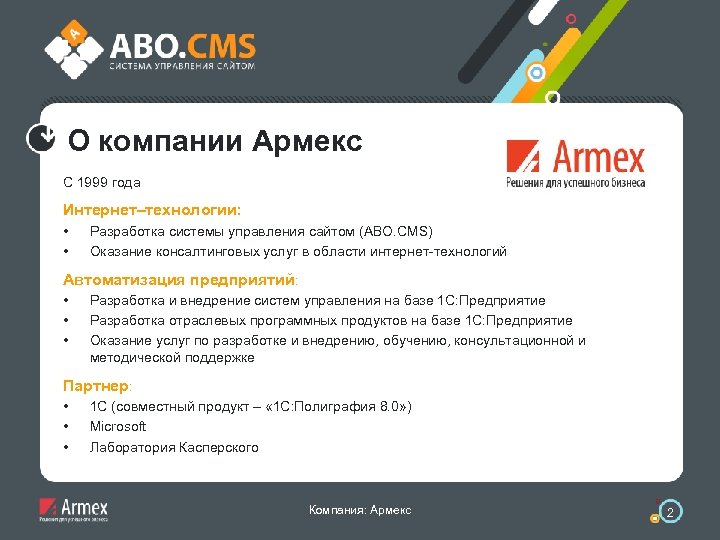 О компании Армекс С 1999 года Интернет–технологии: • • Разработка системы управления сайтом (ABO.