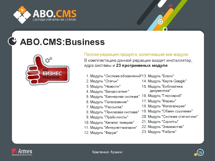 ABO. CMS: Business Полная редакция продукта, включающая все модули. В комплектацию данной редакции входит