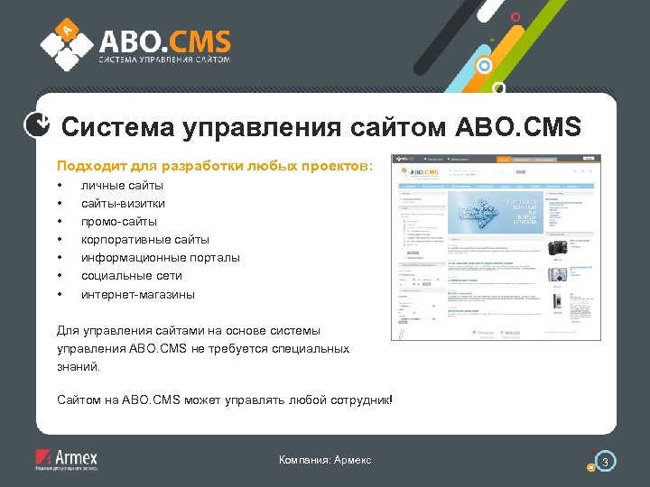 Система управления сайтом ABO. CMS Подходит для разработки любых проектов: • • личные сайты-визитки