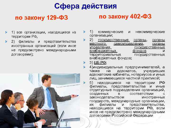 Сфера действия по закону 402 -ФЗ по закону 129 -ФЗ Ø Ø 1) все