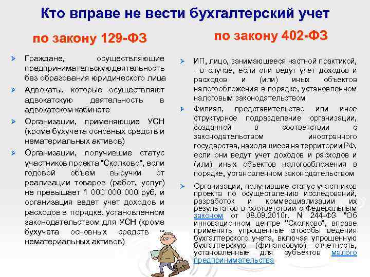 Кто вправе не вести бухгалтерский учет по закону 402 -ФЗ по закону 129 -ФЗ