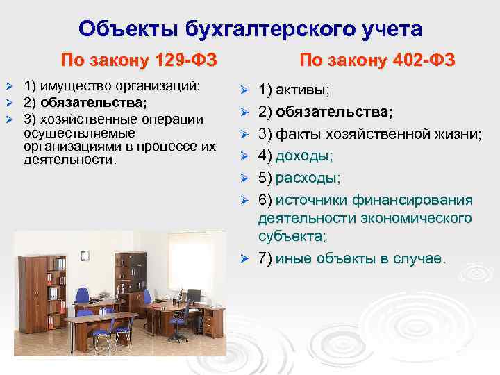 Объекты бухгалтерского учета По закону 129 -ФЗ Ø Ø Ø 1) имущество организаций; 2)
