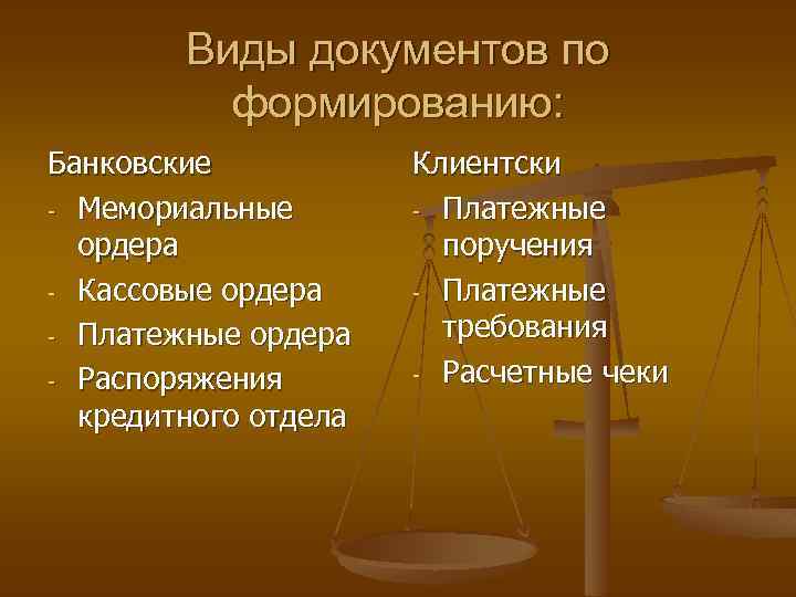 Виды документов по формированию: Банковские - Мемориальные ордера - Кассовые ордера - Платежные ордера