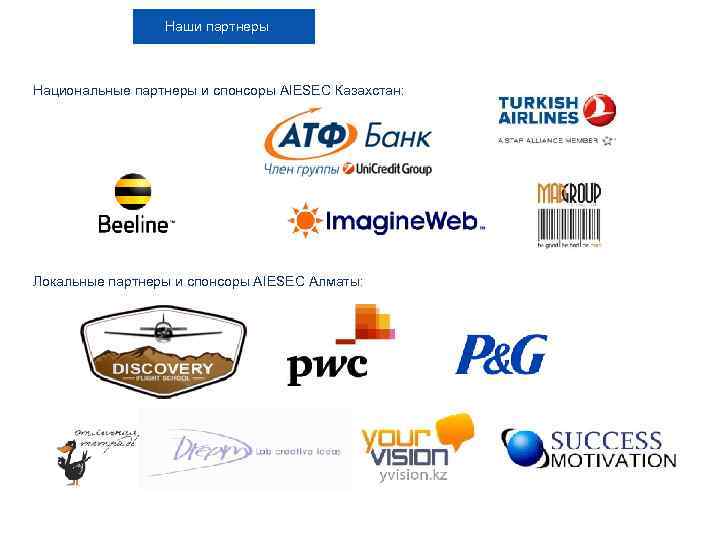  Наши партнеры Национальные партнеры и спонсоры AIESEC Казахстан: Локальные партнеры и спонсоры AIESEC
