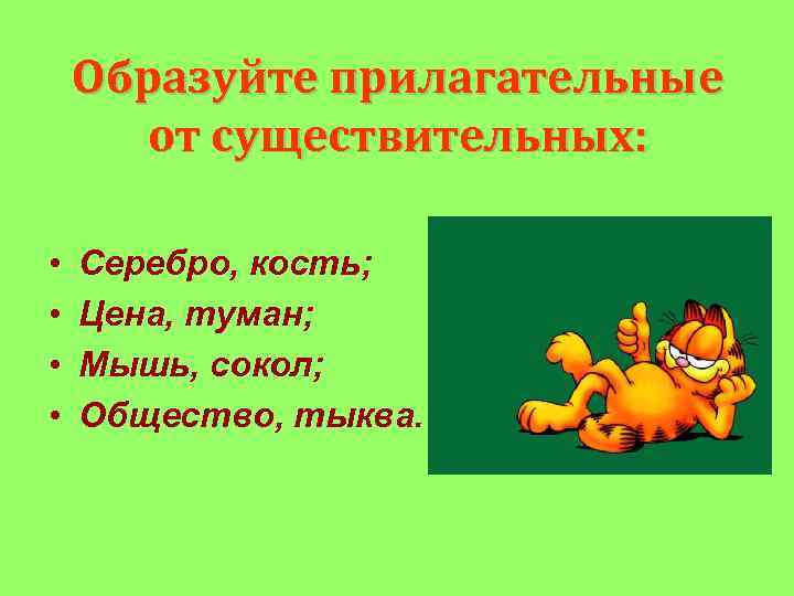 Образуйте прилагательные от существительных: • • Серебро, кость; Цена, туман; Мышь, сокол; Общество, тыква.