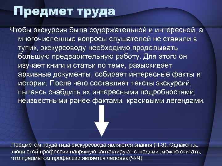 Предмет труда Чтобы экскурсия была содержательной и интересной, а многочисленные вопросы слушателей не ставили