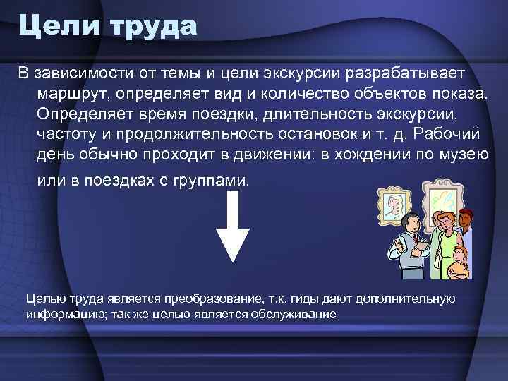 Цели труда В зависимости от темы и цели экскурсии разрабатывает маршрут, определяет вид и