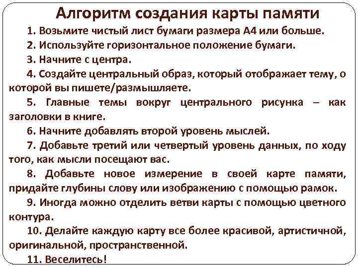 Алгоритм создания карты памяти 1. Возьмите чистый лист бумаги размера А 4 или больше.