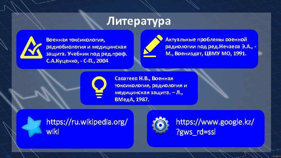 Литература Военная токсикология, радиобиология и медицинская защита. Учебник под ред. проф. С. А. Куценко,
