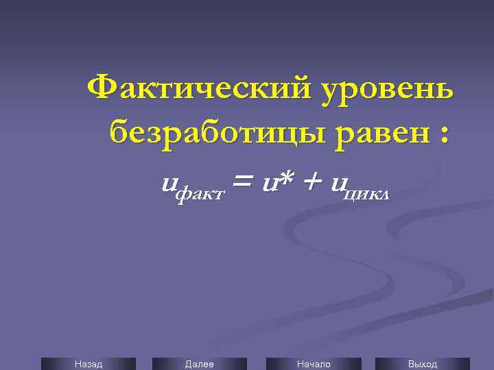 Фактический уровень безработицы равен : uфакт = u* + uцикл Назад Далее Начало Выход