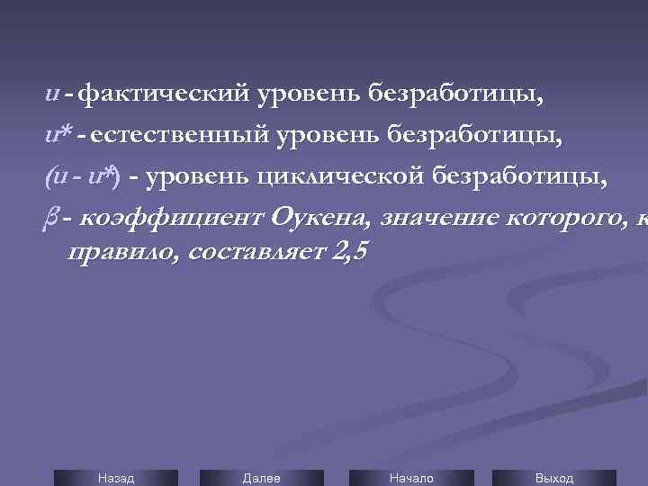 u - фактический уровень безработицы, u* - естественный уровень безработицы, (u - u*) -