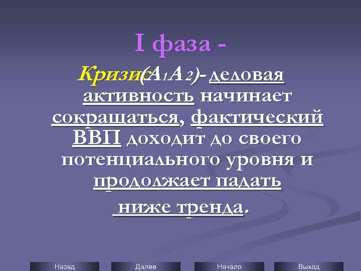 I фаза Кризис 1 А 2)- деловая (А активность начинает сокращаться, фактический ВВП доходит