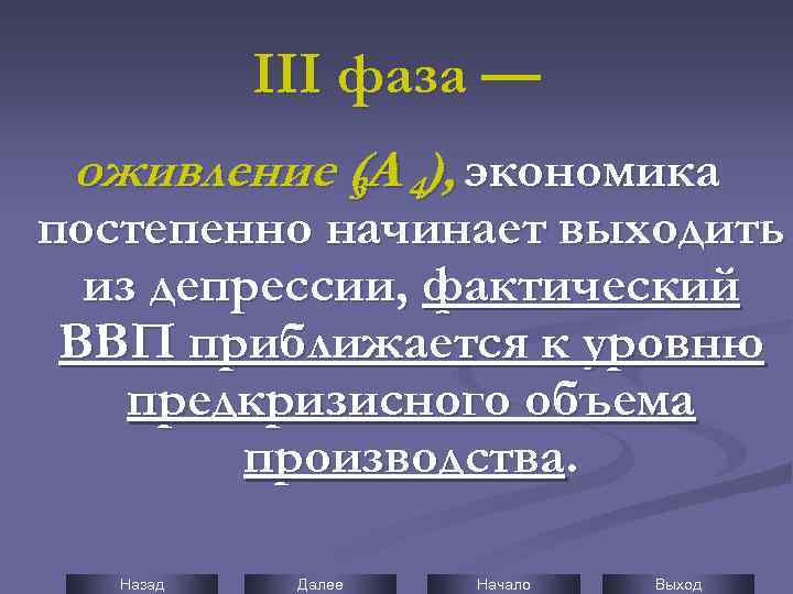 III фаза — оживление (А 4), экономика 3 А постепенно начинает выходить из депрессии,