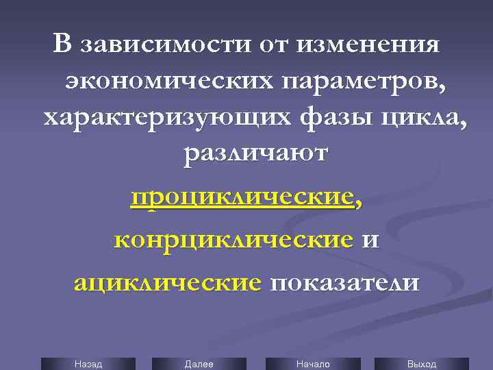 В зависимости от изменения экономических параметров, характеризующих фазы цикла, различают проциклические, конрциклические и ациклические