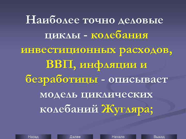 Наиболее точно деловые циклы - колебания инвестиционных расходов, ВВП, инфляции и безработицы - описывает