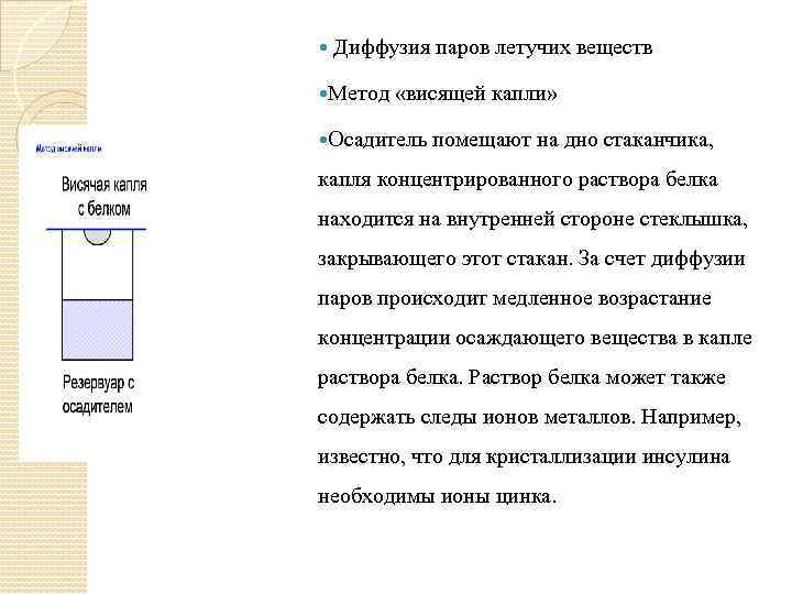  Диффузия паров летучих веществ Метод «висящей капли» Осадитель помещают на дно стаканчика, капля