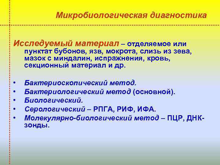 Микробиологическая диагностика Исследуемый материал – отделяемое или пунктат бубонов, язв, мокрота, слизь из зева,