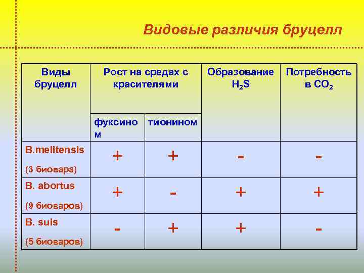 Видовые различия бруцелл Виды бруцелл Рост на средах с красителями Образование Потребность Н 2