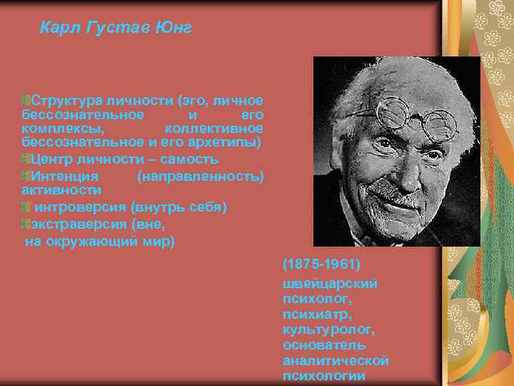 Карл Густав Юнг Структура личности (эго, личное бессознательное и его комплексы, коллективное бессознательное и