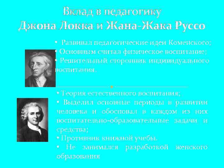 Вклад в педагогику Джона Локка и Жана-Жака Руссо • Развивал педагогические идеи Коменского; •