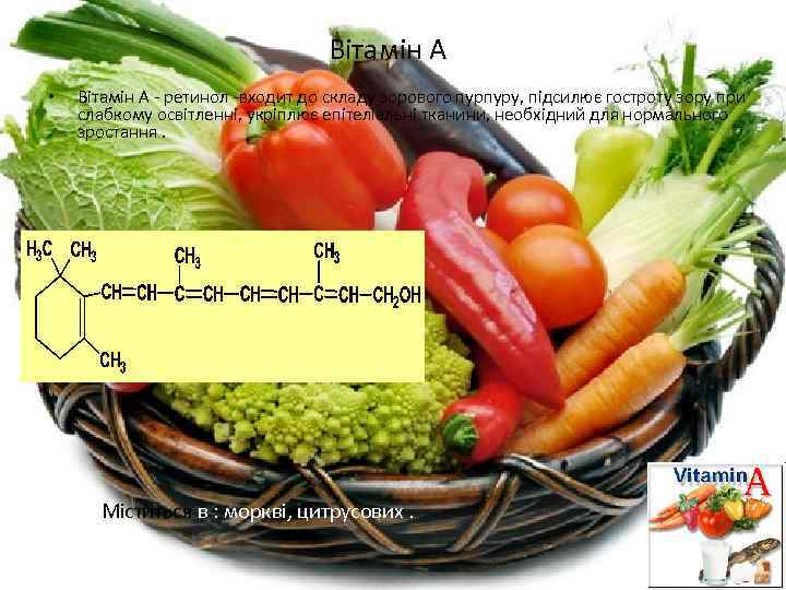 Вітамін А • Вітамін А - ретинол -входит до складу зорового пурпуру, підсилює гостроту