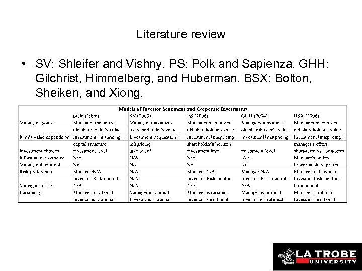 Literature review • SV: Shleifer and Vishny. PS: Polk and Sapienza. GHH: Gilchrist, Himmelberg,