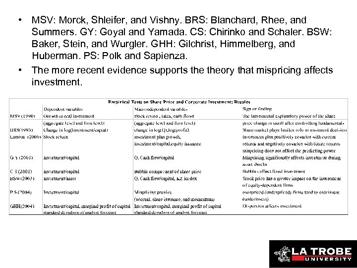  • MSV: Morck, Shleifer, and Vishny. BRS: Blanchard, Rhee, and Summers. GY: Goyal