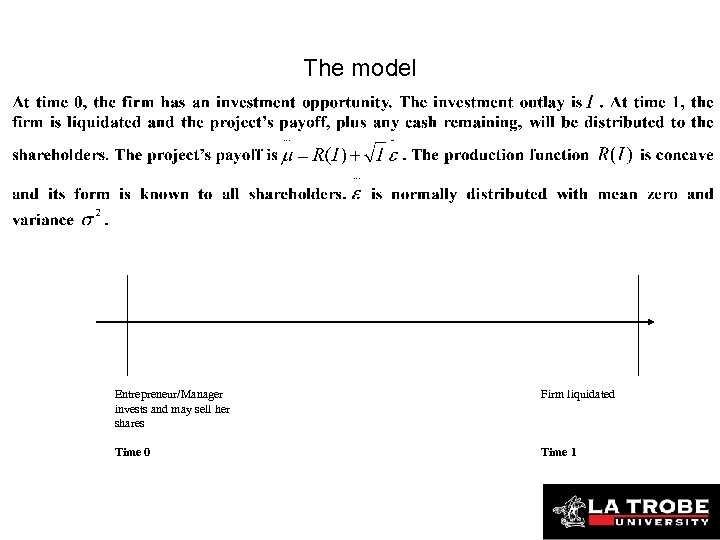 The model Entrepreneur/Manager invests and may sell her shares Firm liquidated Time 0 Time
