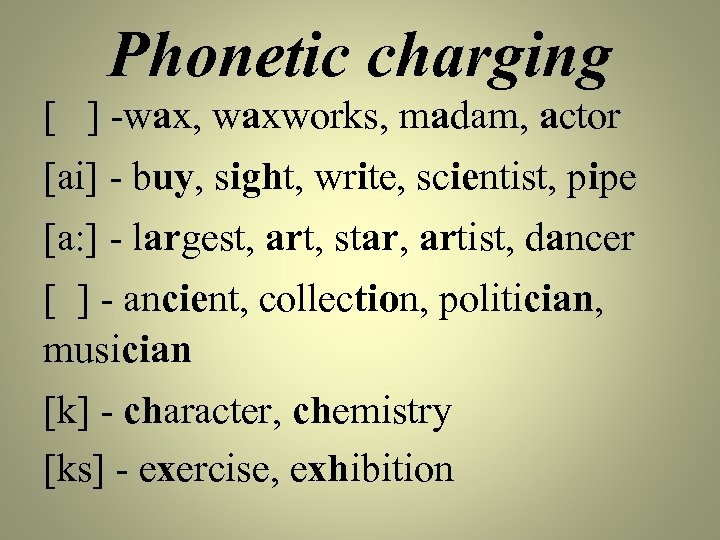 Phonetic charging [ ] -wax, waxworks, madam, actor [ai] - buy, sight, write, scientist,