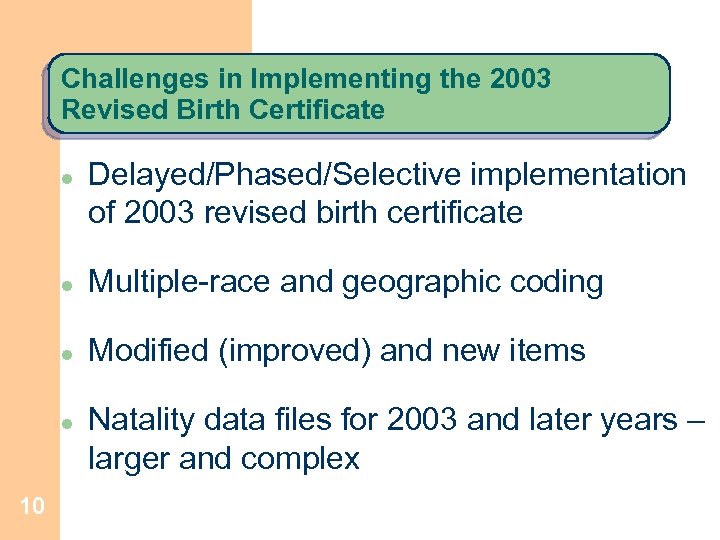 Challenges in Implementing the 2003 Revised Birth Certificate l Delayed/Phased/Selective implementation of 2003 revised