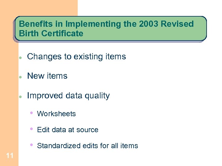 Benefits in Implementing the 2003 Revised Birth Certificate l Changes to existing items l