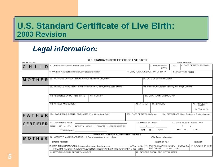 U. S. Standard Certificate of Live Birth: 2003 Revision Legal information: 5 