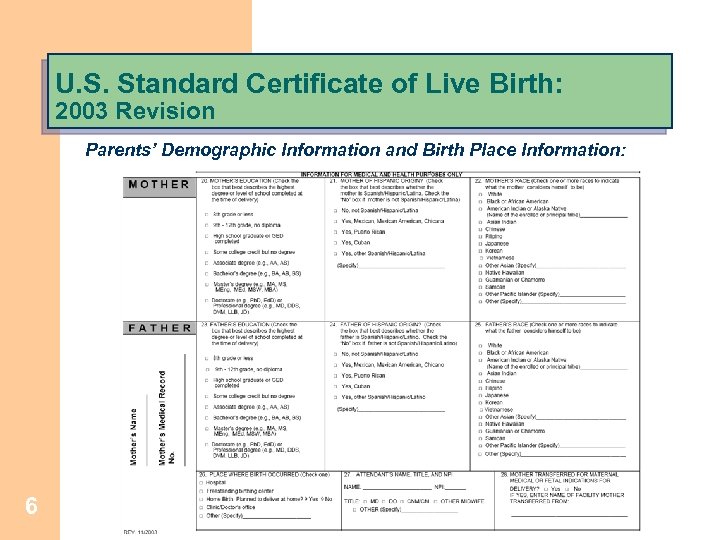 U. S. Standard Certificate of Live Birth: 2003 Revision Parents’ Demographic Information and Birth