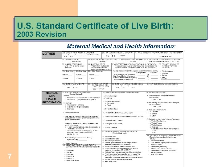 U. S. Standard Certificate of Live Birth: 2003 Revision Maternal Medical and Health Information: