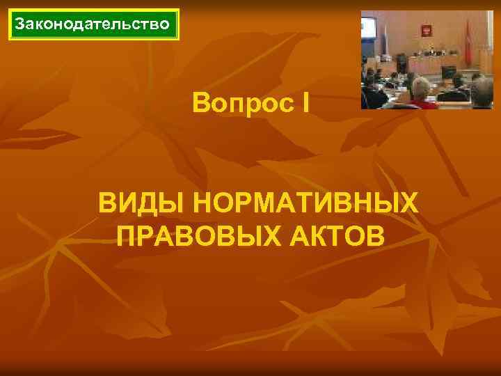 Законодательство Вопрос I ВИДЫ НОРМАТИВНЫХ ПРАВОВЫХ АКТОВ 