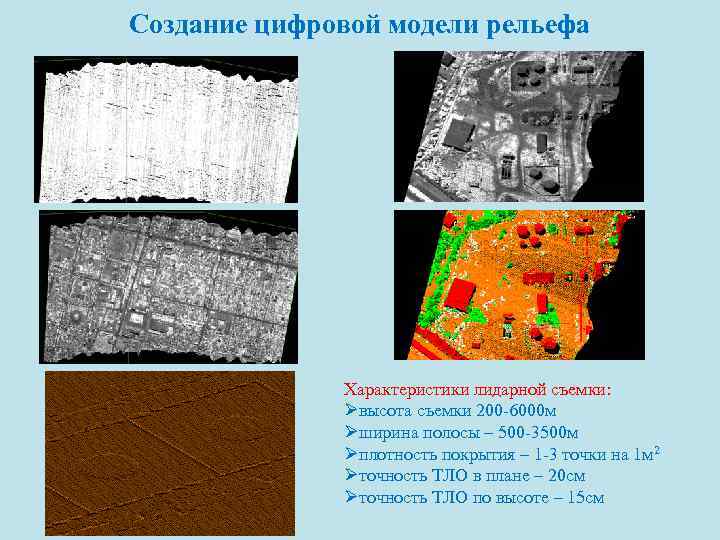 Создание цифровой модели рельефа Характеристики лидарной съемки: Øвысота съемки 200 -6000 м Øширина полосы