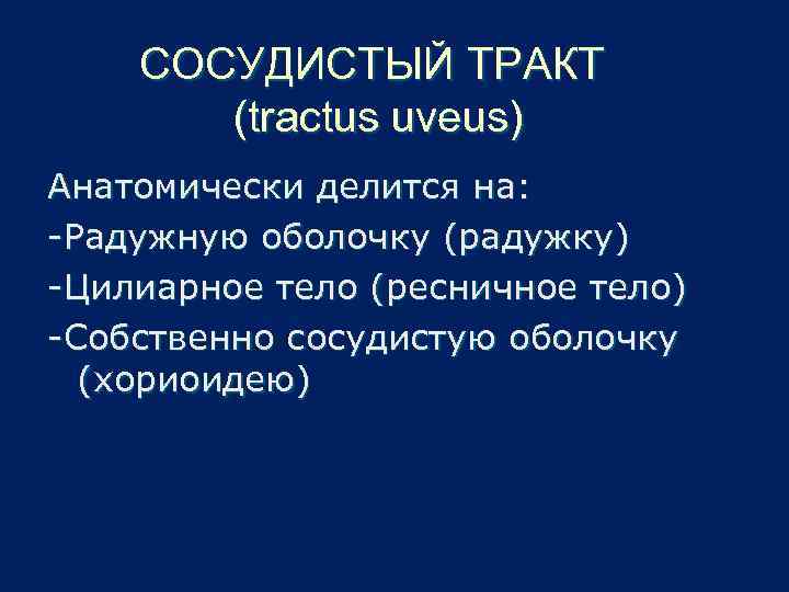 СОСУДИСТЫЙ ТРАКТ (tractus uveus) Анатомически делится на: -Радужную оболочку (радужку) -Цилиарное тело (ресничное тело)