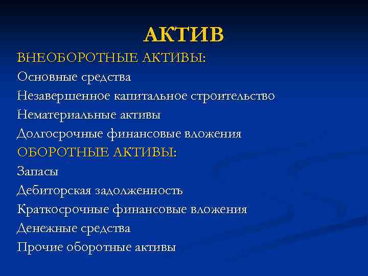 АКТИВ ВНЕОБОРОТНЫЕ АКТИВЫ: Основные средства Незавершенное капитальное строительство Нематериальные активы Долгосрочные финансовые вложения ОБОРОТНЫЕ