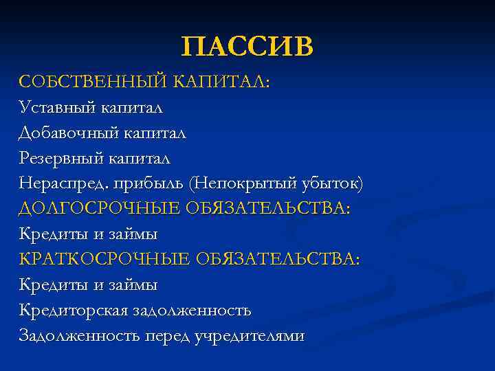 ПАССИВ СОБСТВЕННЫЙ КАПИТАЛ: Уставный капитал Добавочный капитал Резервный капитал Нераспред. прибыль (Непокрытый убыток) ДОЛГОСРОЧНЫЕ