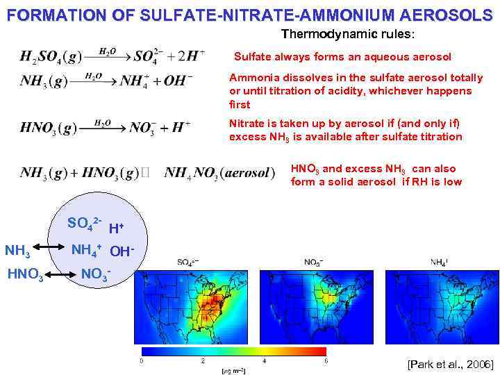 FORMATION OF SULFATE-NITRATE-AMMONIUM AEROSOLS Thermodynamic rules: Sulfate always forms an aqueous aerosol Ammonia dissolves