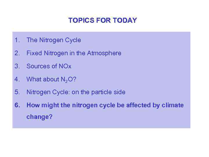 TOPICS FOR TODAY 1. The Nitrogen Cycle 2. Fixed Nitrogen in the Atmosphere 3.