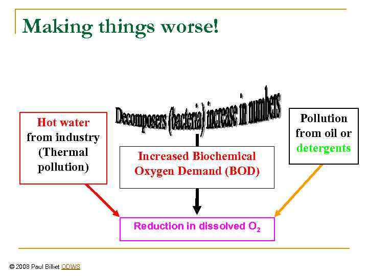 Making things worse! Hot water from industry (Thermal pollution) Increased Biochemical Oxygen Demand (BOD)