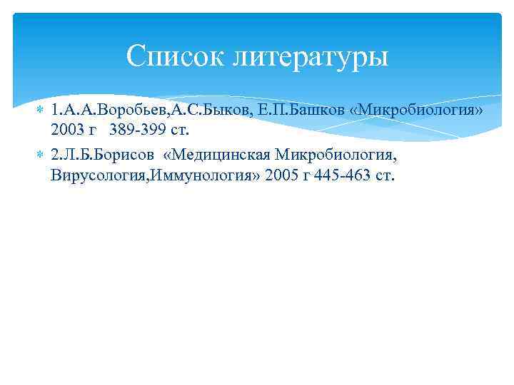 Список литературы 1. А. А. Воробьев, А. С. Быков, Е. П. Башков «Микробиология» 2003