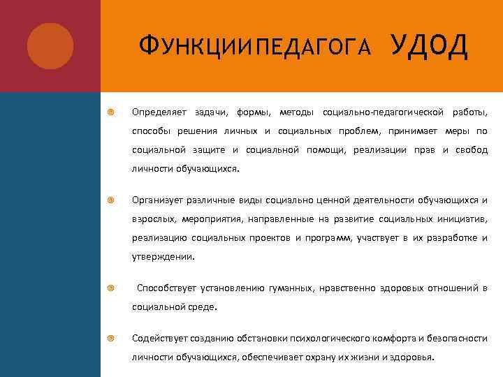 Ф УНКЦИИ ПЕДАГОГА УДОД Определяет задачи, формы, методы социально-педагогической работы, способы решения личных и