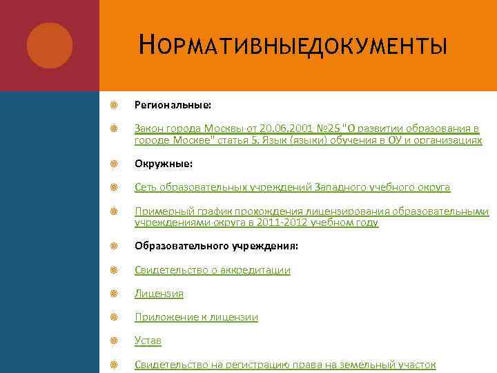 Н ОРМАТИВНЫЕДОКУМЕНТЫ Региональные: Закон города Москвы от 20. 06. 2001 № 25 "О развитии